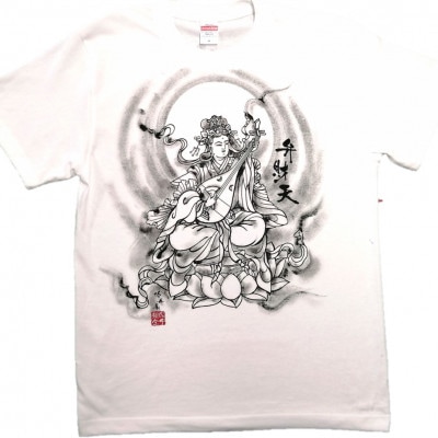 手描きTシャツ 仏画 弁財天 白 (半袖 Lサイズ)