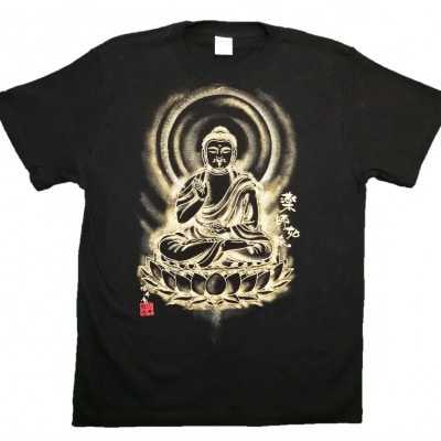 手描きTシャツ 仏画 薬師如来 黒 (半袖 Mサイズ)