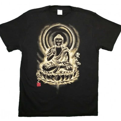 手描きTシャツ 仏画 薬師如来 黒 (半袖 Lサイズ)