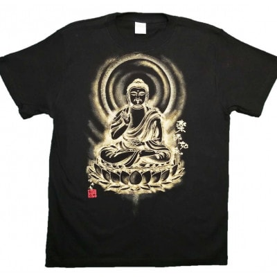 手描きTシャツ 仏画 薬師如来 黒 (半袖 XLサイズ)