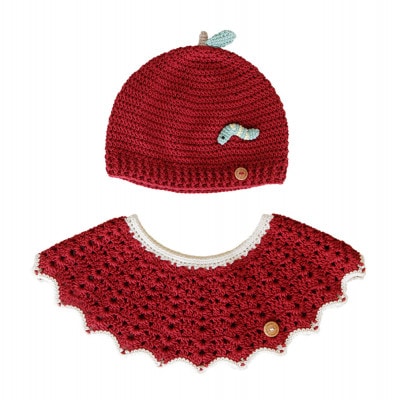 HOPPL(ホップル)手編みニットビブ＆キャップセット(アップル/サイズM)