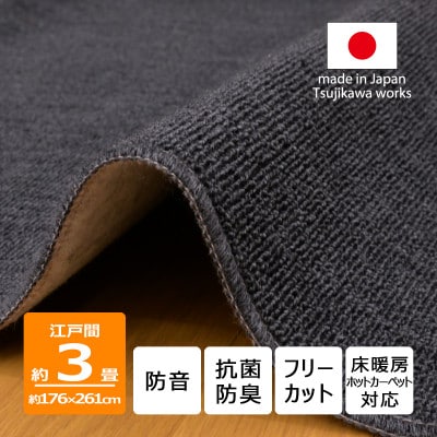 カーペット 江戸間 3畳 防音 抗菌防臭 厚手 ツワブキ 176×261cm ブラック 日本製