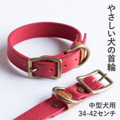 首輪 本革 イタリアンレザー レッド 中型犬用 (34-42センチ)ペット用品【dc-01ss】