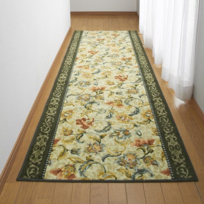 日本製 廊下カーペット 80cm×440cm 【オリエンタル更紗】 滑り止め加工 (グリーン)