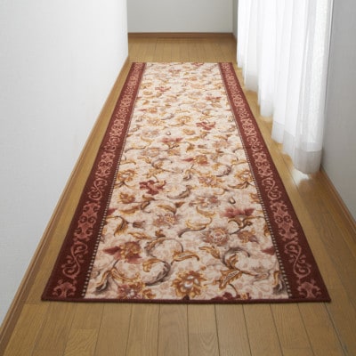 日本製 廊下カーペット 80cm×540cm 【オリエンタル更紗】 滑り止め加工 (エンジ)