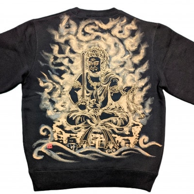手描き トレーナー 不動明王 黒 (裏起毛 XLサイズ)