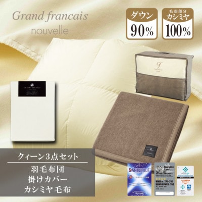 【クィーン】羽毛布団(掛カバー付)　ハンガリー産ダウン90%＆カシミヤ毛布【複数個口で配送】