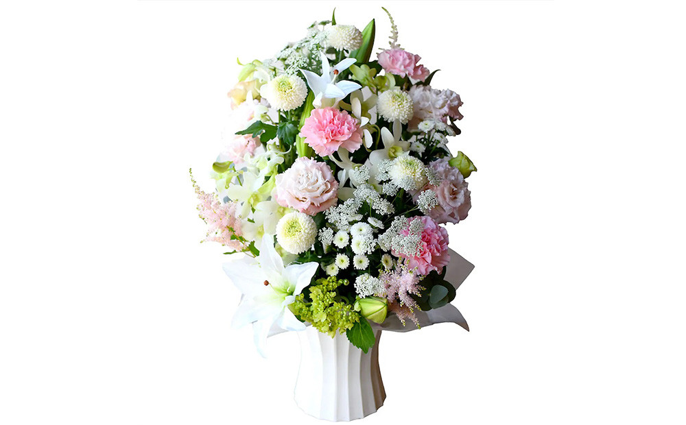 【通年】お供え用フラワーアレンジメント・睦月(ピンク系)【お供え　フラワー　アレンジメント 命日　仏事　お悔み　お花　たっぷり　上品　ぎっしり　お花をたっぷり使って高さを出したデザイン 大阪府 門真市 】