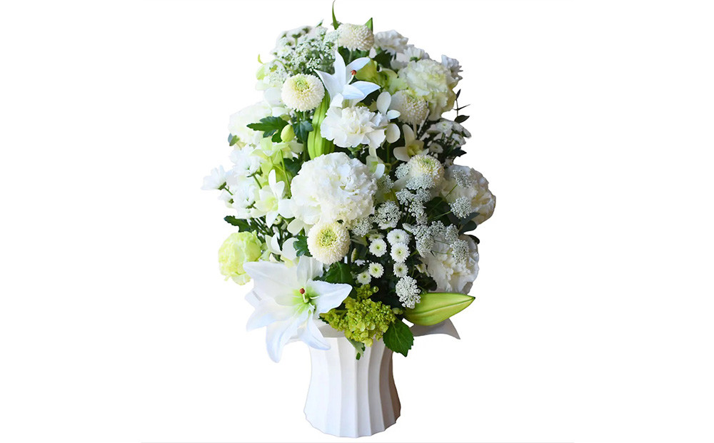 【通年】お供え用フラワーアレンジメント・睦月(オフホワイト系)【お供え　フラワー　アレンジメント 命日　仏事　お悔み　お花　上品　ぎっしり　お花をたっぷり使って高さを出したデザイン 大阪府 門真市 】