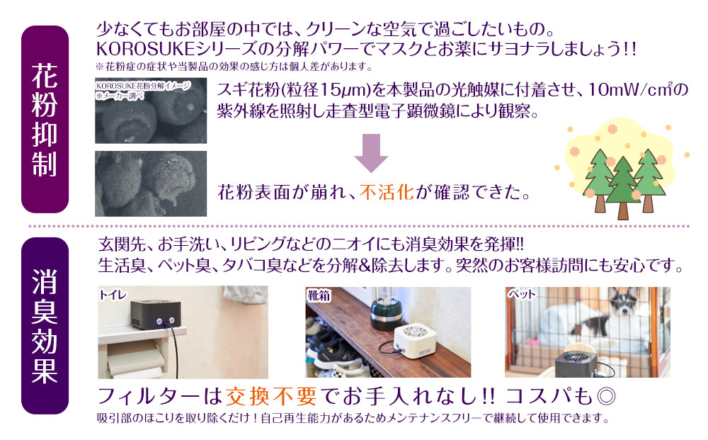 紫外線LED空気清浄機 KOROSUKE mini（ホワイト） 卓上 コンパクト 空気清浄機 除菌【活性酸素 有害物質分解 メンテナンスフリー 安全性 二酸化チタン粒子 ミニサイズ 大阪府 門真市 】