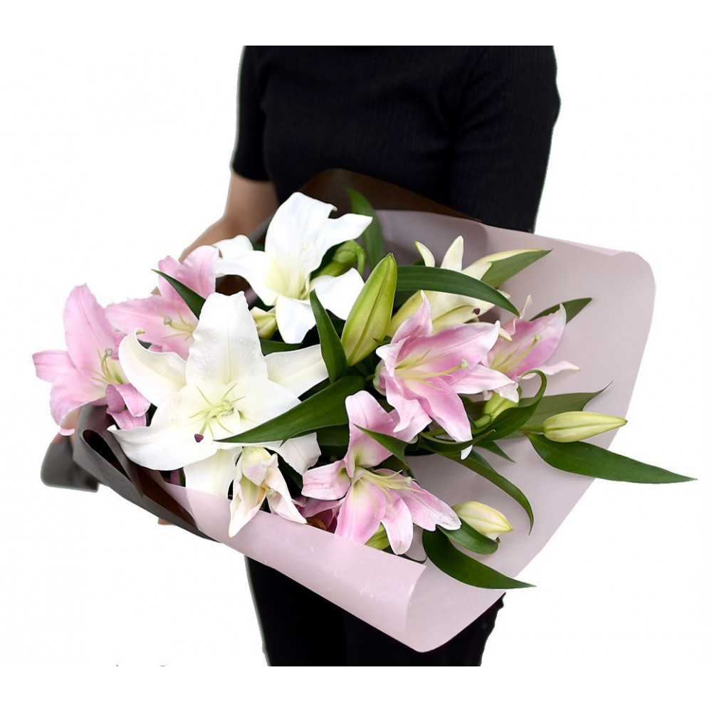 【母の日ギフト】カサブランカとピンク百合の花束＜お届け日：2026年5/4～5/10 当店おまかせ ＞【母の日 ギフト カサブランカ ピンク 百合 花束 花 花傷み防止 大阪府 門真市 】