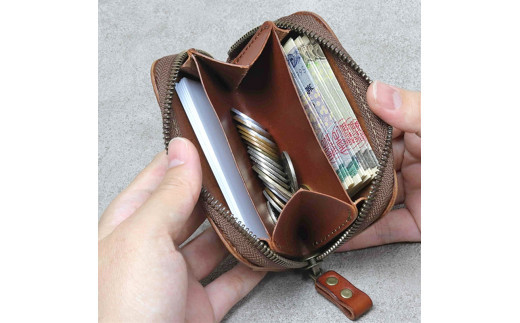 【色/チョコ】 ラウンドファスナーミニ財布・小銭入れ TowaRe:［トワリ］ 本革 レザー【ラウンドファスナー型 お札収納可能 金具類アンティーク色 エイジング 小銭15～20枚 カードは5枚 お中元 大阪府 門真市 】