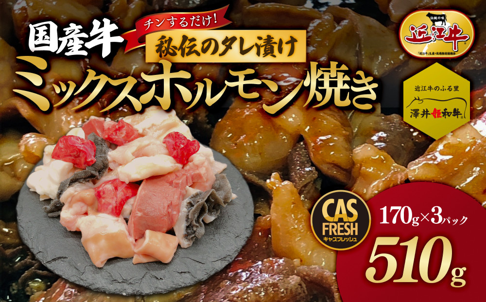 ＜チンするだけ！＞【秘伝のタレ漬け】国産牛ミックスホルモン焼き510ｇ（170ｇ×3パック）［鮮度を保つCAS冷凍］ 【 大阪府 門真市 】