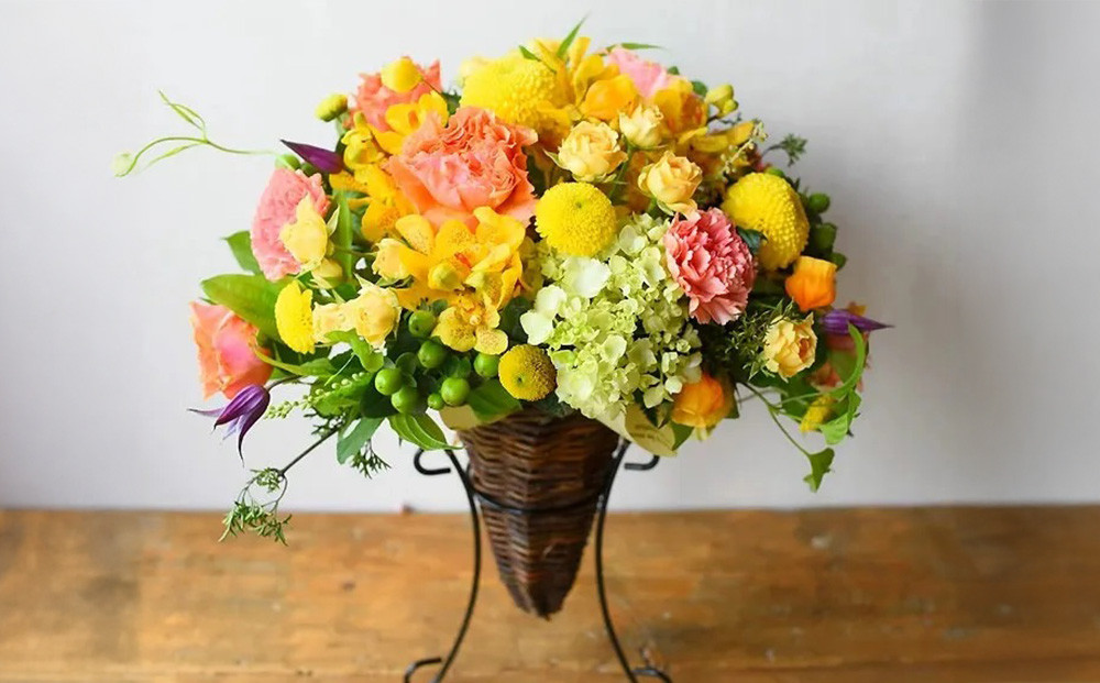 フラワーアレンジメント　黄色オレンジ【お誕生日】【プレゼント】【記念日】【ご結婚お祝い】【お土産】大切な方への【贈り物】に【 大阪府 門真市 】