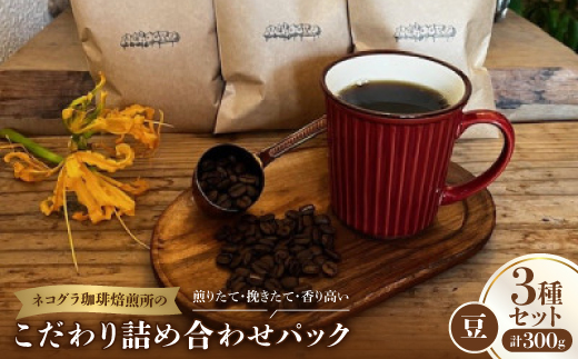 【豆3種合計300g】ネコグラ珈琲焙煎所の煎りたて挽きたて香り高いこだわり3種詰め合わせパック