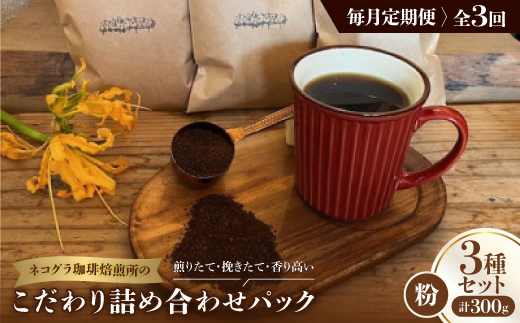 【毎月定期便】《粉3種計300g》ネコグラ珈琲焙煎所の煎りたて挽きたてコーヒーセット全3回