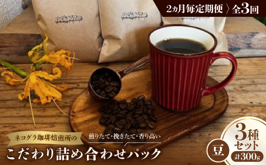 【2ヵ月毎定期便】《豆3種計300g》ネコグラ珈琲焙煎所の煎りたて挽きたてコーヒーセット全3回