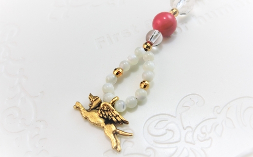 オリジナル根付・お守り「ワンコの見守りＤ（ゴールド＆ローズクォーツ）」【007D-072】