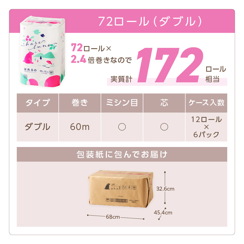 トイレットペーパー 72ロール はれるの・ダブル 芯あり ※お届け不可地域あり 【30営業日以内に発送】【020D-009】