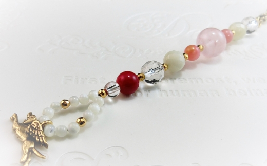 オリジナル根付・お守り「ワンコの見守りＤ（ゴールド＆ローズクォーツ）」【007D-072】