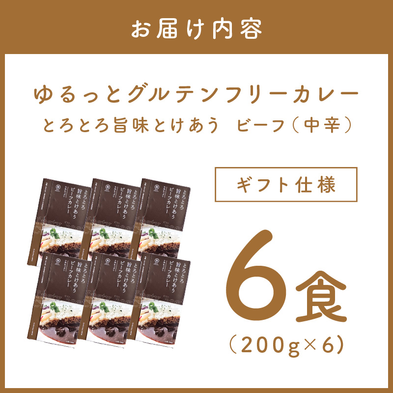 【ギフト仕様】ゆるっとグルテンフリー とろとろ旨味とけあうビーフカレー（中辛）6食セット【092D-003】