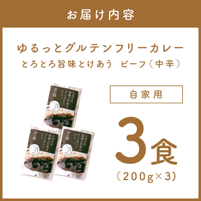 【自家用 化粧箱なし】ゆるっとグルテンフリー とろとろ旨味とけあうビーフカレー（中辛）3食セット【092E-011】