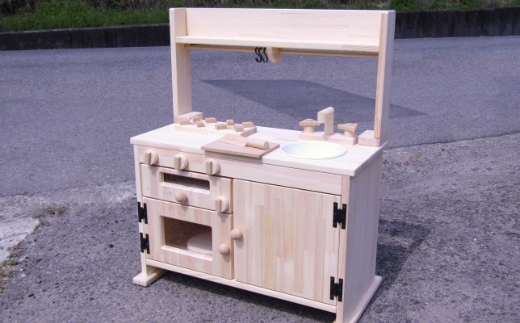 手作り木製 棚付き ままごとキッチン・魚焼きグリル付き 素材色 GHK-R【007A-048】