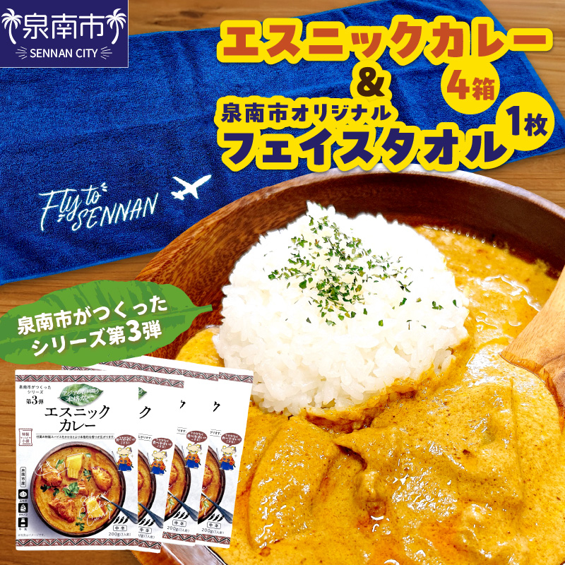 泉南市がつくったシリーズ第3弾「エスニックカレー」4箱＆泉南市オリジナルフェイスタオル 1枚 ※お届け不可地域あり【059E-005】