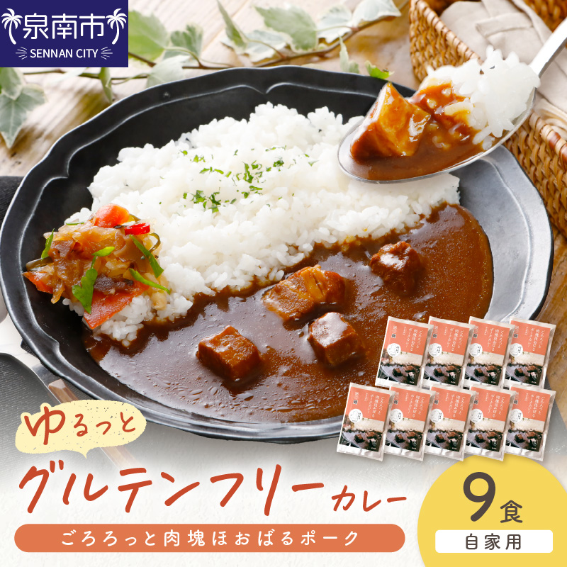 【自家用 化粧箱なし】ゆるっとグルテンフリー ごろろっと肉塊ほおばるポークカレー（甘口）9食セット【092D-012】