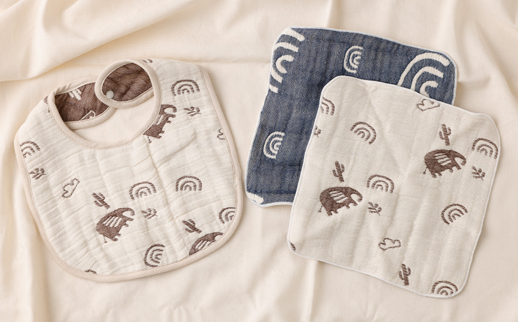 6重ガーゼ織スタイ ×1枚 （ベージュ） ＋ 6重ガーゼ織ハンカチ ×2枚 （ベージュ・ネイビー） スタイ よだれかけ ハンカチ ガーゼ コットン 綿100％ ベビー用品 出産祝い プレゼント ギフト 日本製