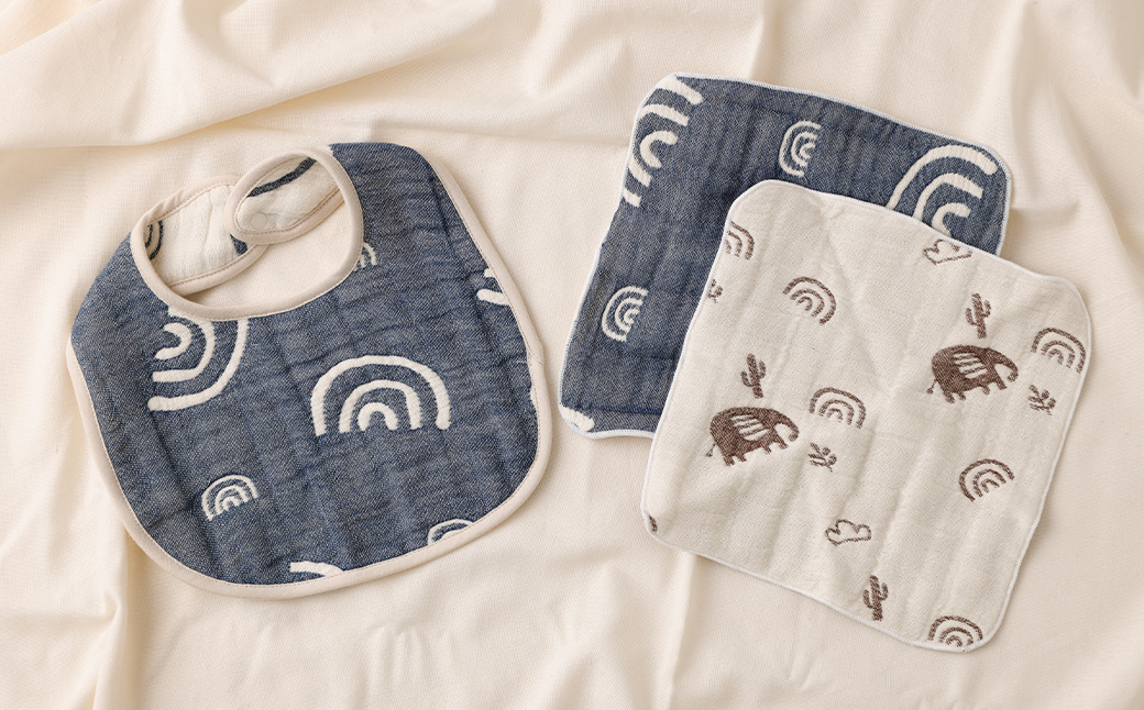 6重ガーゼ織スタイ ×1枚 （ネイビー） ＋ 6重ガーゼ織ハンカチ ×2枚 （ベージュ・ネイビー） スタイ よだれかけ ハンカチ ガーゼ コットン 綿100％ ベビー用品 出産祝い プレゼント ギフト 日本製