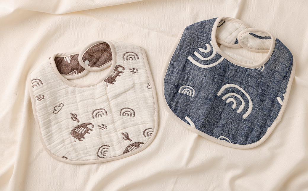 6重ガーゼ織スタイ ×2枚 （ベージュ・ネイビー） ＋ 6重ガーゼ織ハンカチ ×2枚 （ベージュ・ネイビー） スタイ よだれかけ ハンカチ ガーゼ コットン 綿100％ ベビー用品 出産祝い プレゼント ギフト 日本製