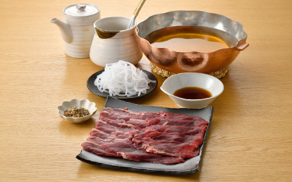 しまもと厳選ジビエのもみじ鍋 ／ ジビエ 鹿 シカ肉 特性ぽん酢 鍋ふりかけ 出汁 鍋セット 高たんぱく タンパク質 低カロリー 赤身 鉄分 ヘルシー 旨味 歯ごたえ 野性味 狩猟肉 大阪府