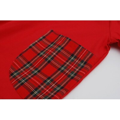 キッズ スモック　チェックポケット(赤)　100cm