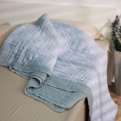 綿100%　5重ガーゼケット　シングルサイズ　キルト風ダイヤ柄　ブルー