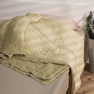 綿100%　5重ガーゼケット　シングルサイズ　キルト風ダイヤ柄　グリーン