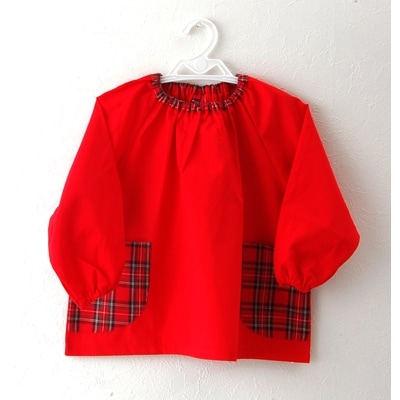 キッズ スモック　チェックポケット(赤)　100cm