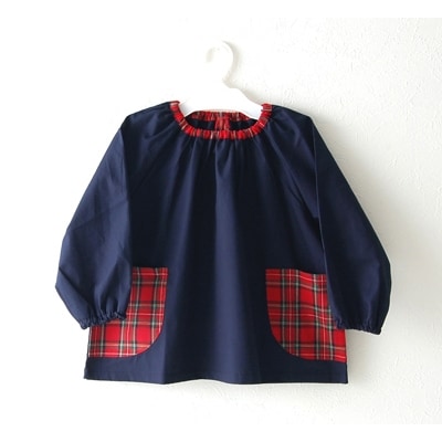キッズ スモック　チェックポケット(紺)　120cm