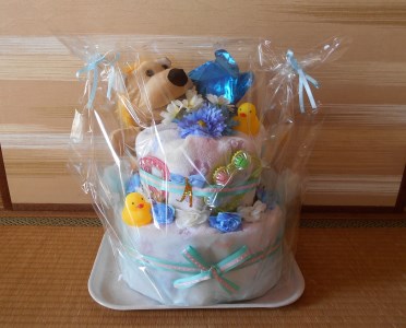 オムツケーキ　Mサイズ【直径：約20cm~35cm、高さ：約40cm】（ブルー）（015_5002）
