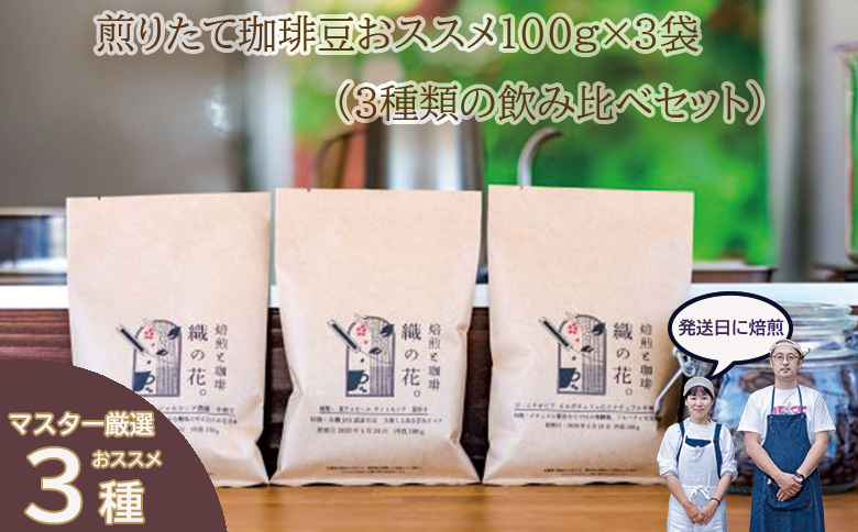 煎りたて珈琲豆おススメ100g×3袋（3種類の飲み比べセット）（045_5001）※北海道・沖縄・離島への配送不可