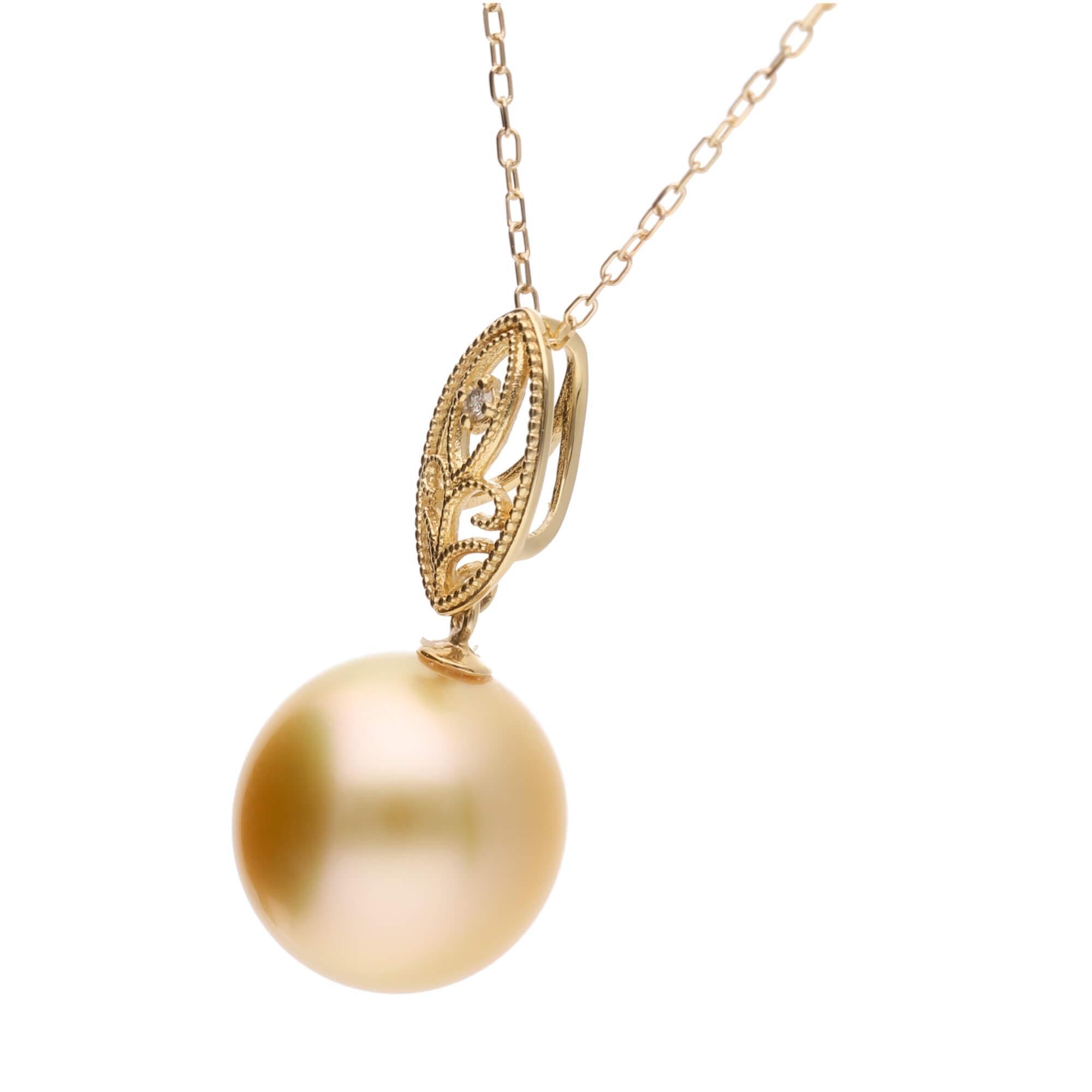 【澪標】ゴールデンパール（南洋 白蝶真珠） 10mm セミラウンド ダイヤモンド K18 イエローゴールド ペンダントトップ