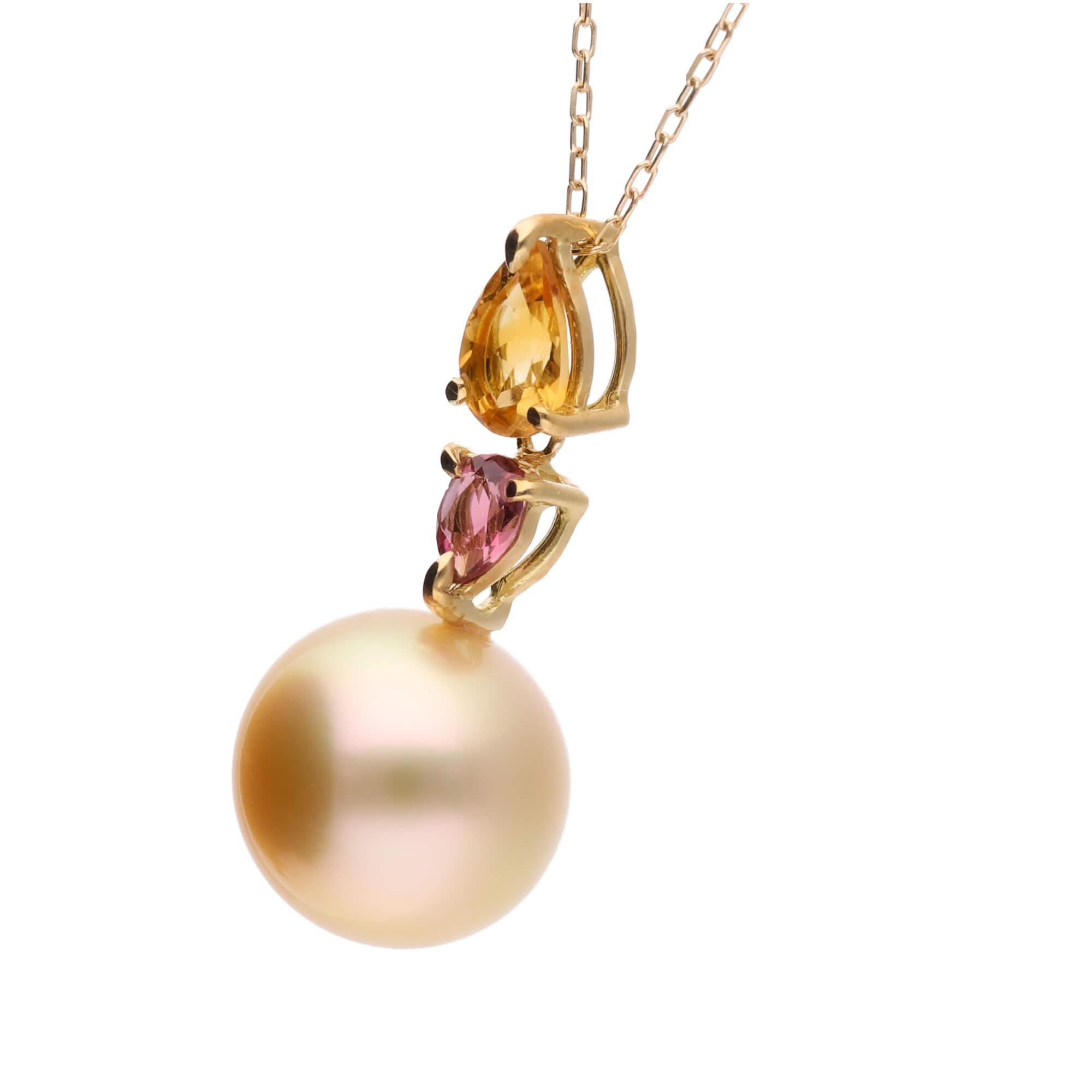 【水仙】ゴールデンパール（南洋 白蝶真珠） 10mm セミラウンド シトリン ピンクトルマリン K18 イエローゴールド ペンダントトップ