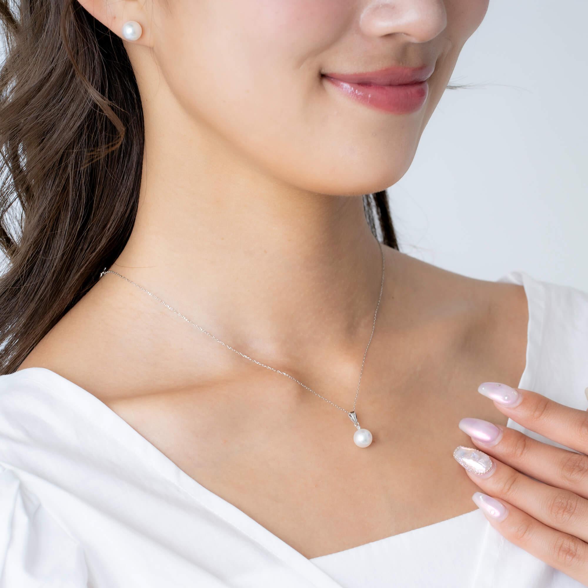 【薄月】無調色 アコヤ真珠（日本） 7.5mm ラウンド ダイヤモンド K14 ホワイトゴールド ペンダントトップ