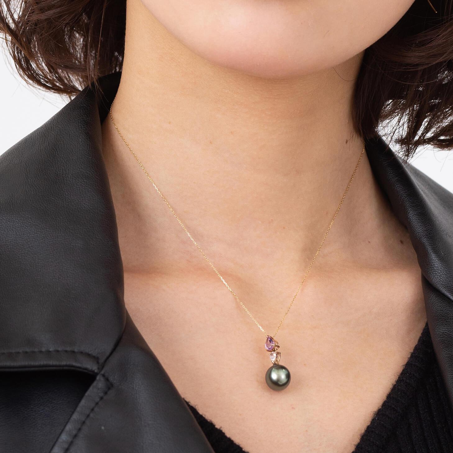 【桔梗】ブラックパール アメジスト ローズクォーツ ピンクゴールド ペンダントトップ｜無調色 黒蝶真珠 タヒチパール 10mm K18PG