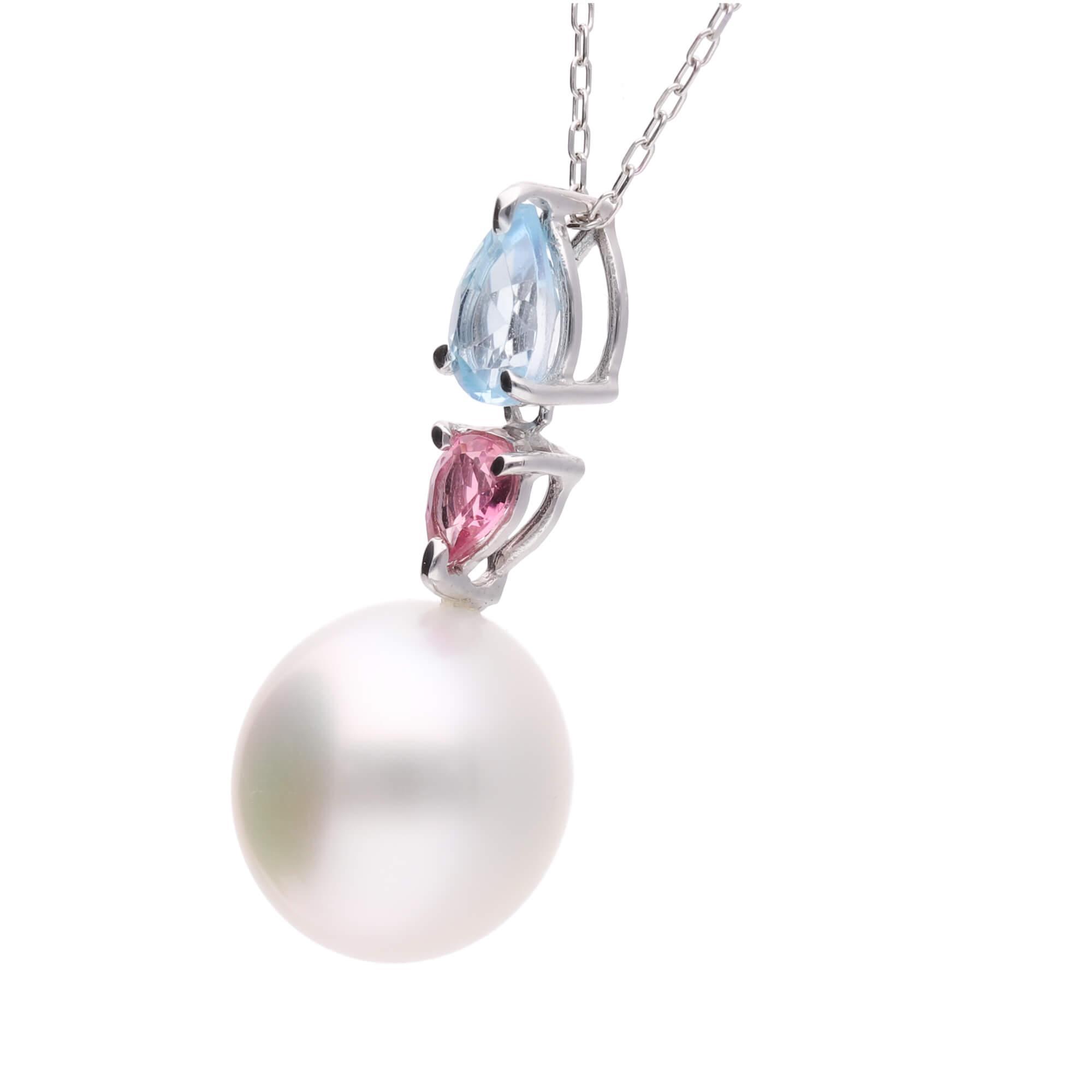 【紫陽花】シロチョウパール（南洋 白蝶真珠） 10mm ショートオーバル ブルートパーズ ピンクトルマリン K18 ホワイトゴールド ペンダントトップ
