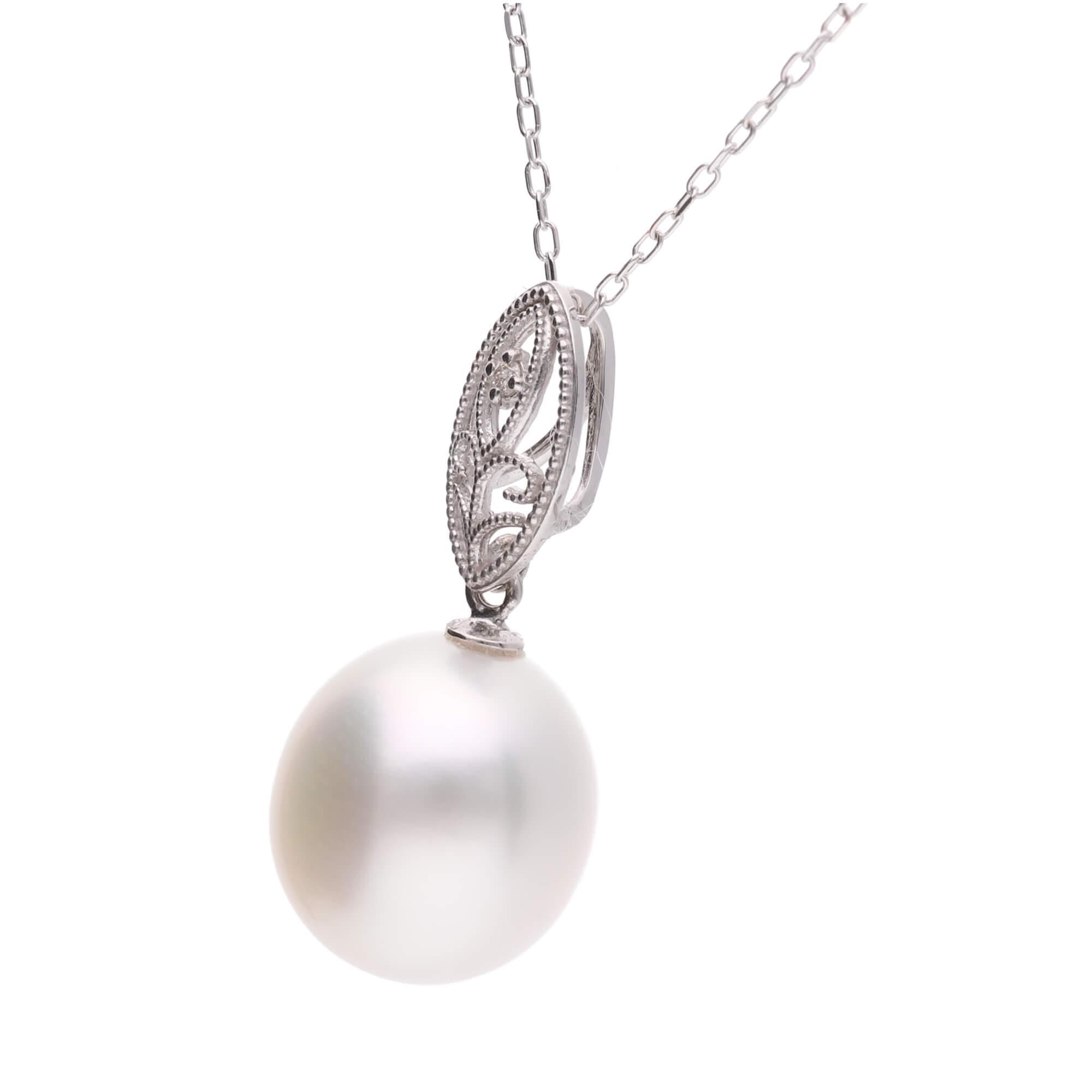 【澪標】シロチョウパール（南洋 白蝶真珠） 10mm ショートオーバル ダイヤモンド ペンダントトップ K18 ホワイトゴールド