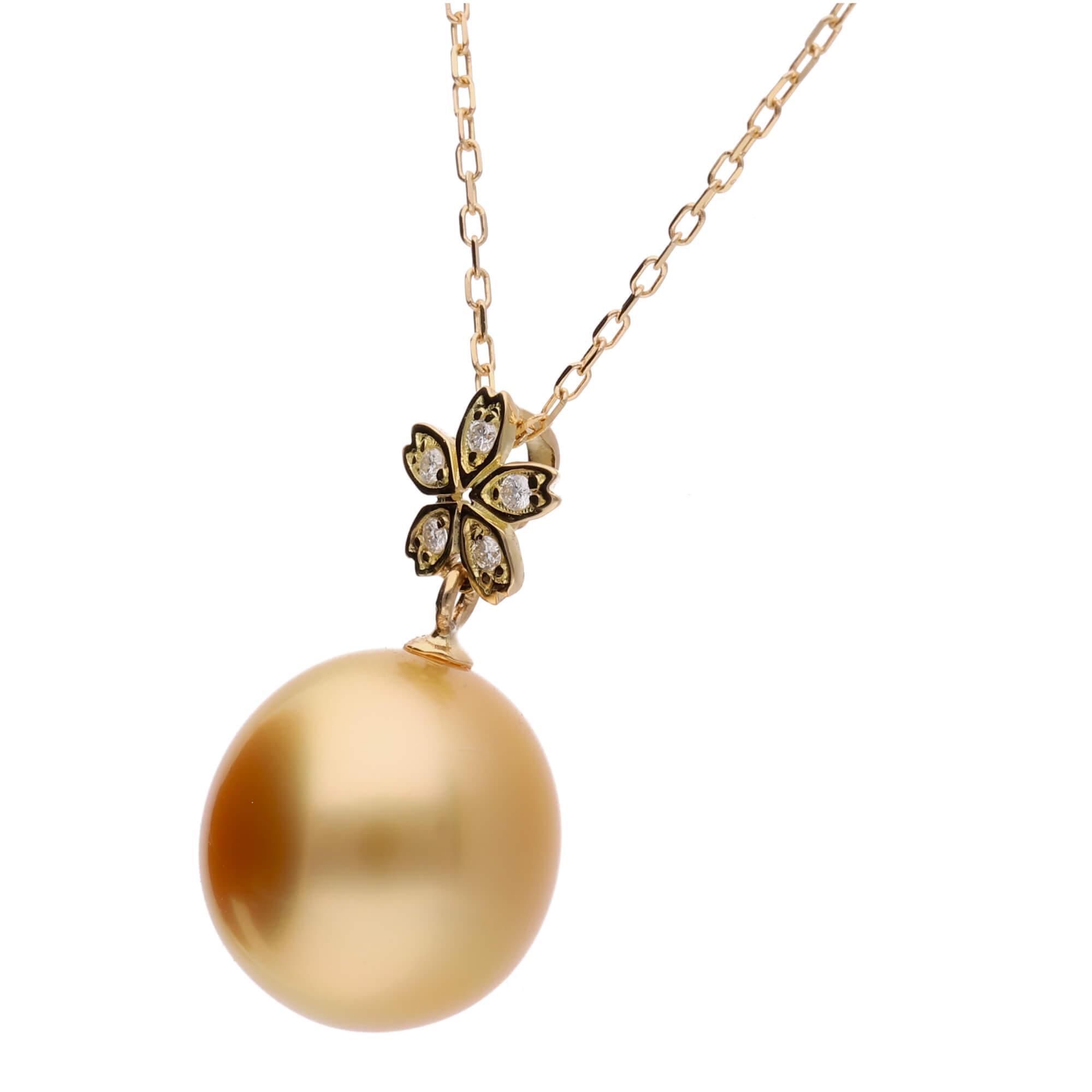 【星桜】ゴールデンパール ダイヤモンド イエローゴールド  ペンダントトップ｜無調色 白蝶真珠 南洋真珠 10mm K18YG