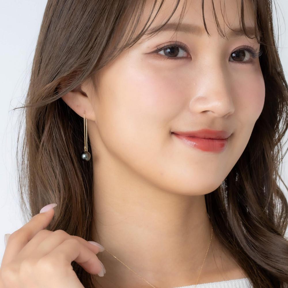 ブラックパール イエローゴールド アメリカンピアス｜無調色 黒蝶真珠 タヒチパール 南洋真珠 8.0mm K10YG