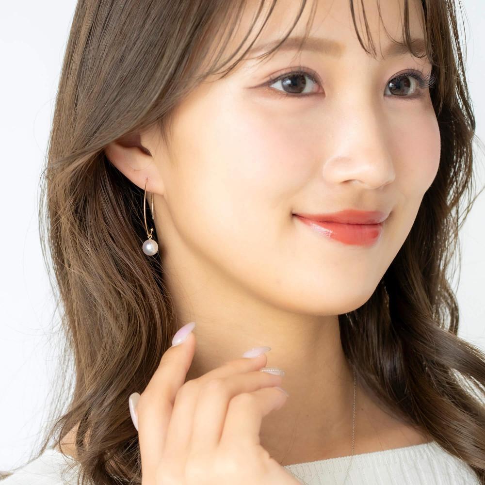 無調色 アコヤ真珠（日本） 7.5mm ラウンド K10 イエローゴールド 30mm(M) フープピアス