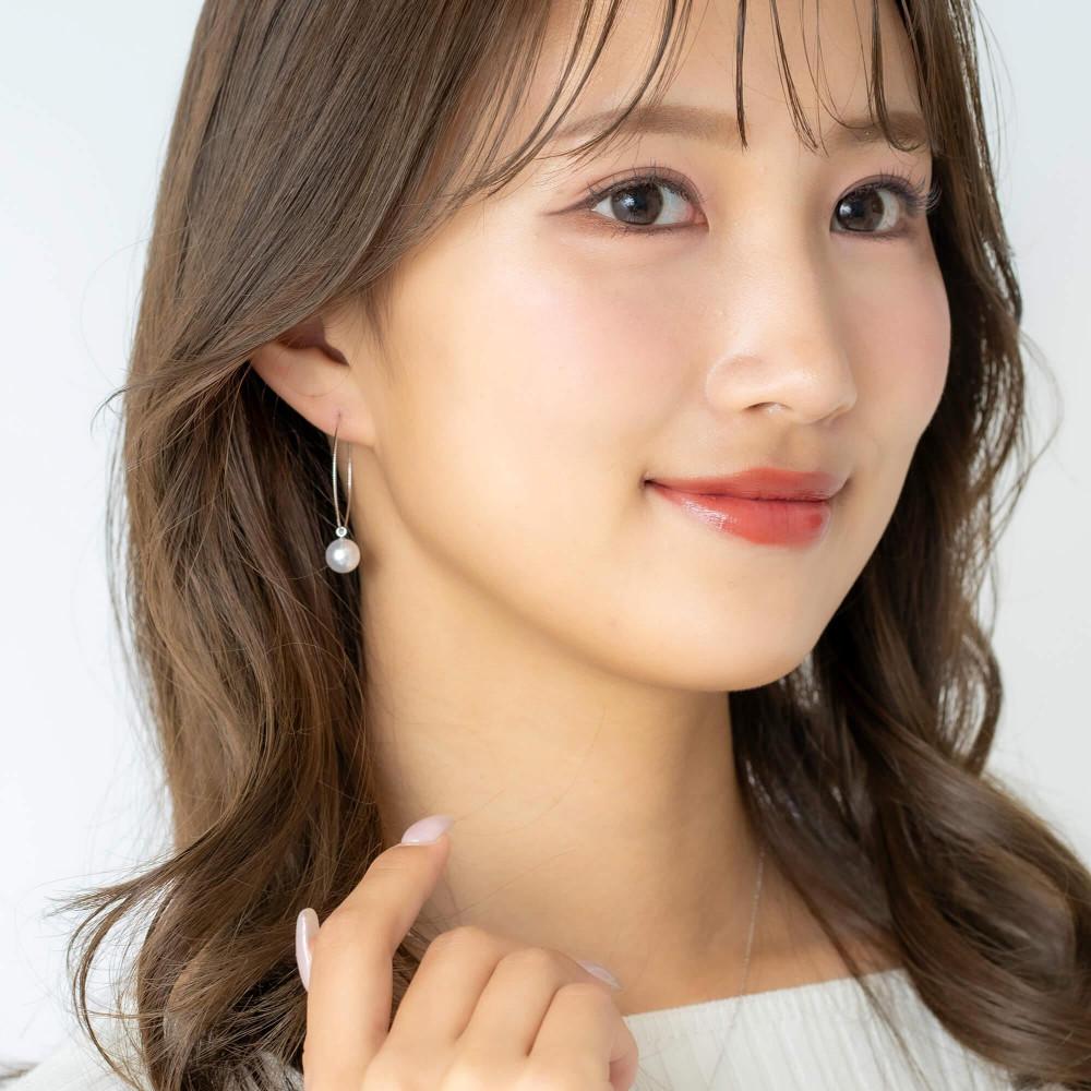 無調色 アコヤ真珠（日本） 7.5mm ラウンド K10 ホワイトゴールド 30mm(M) フープピアス